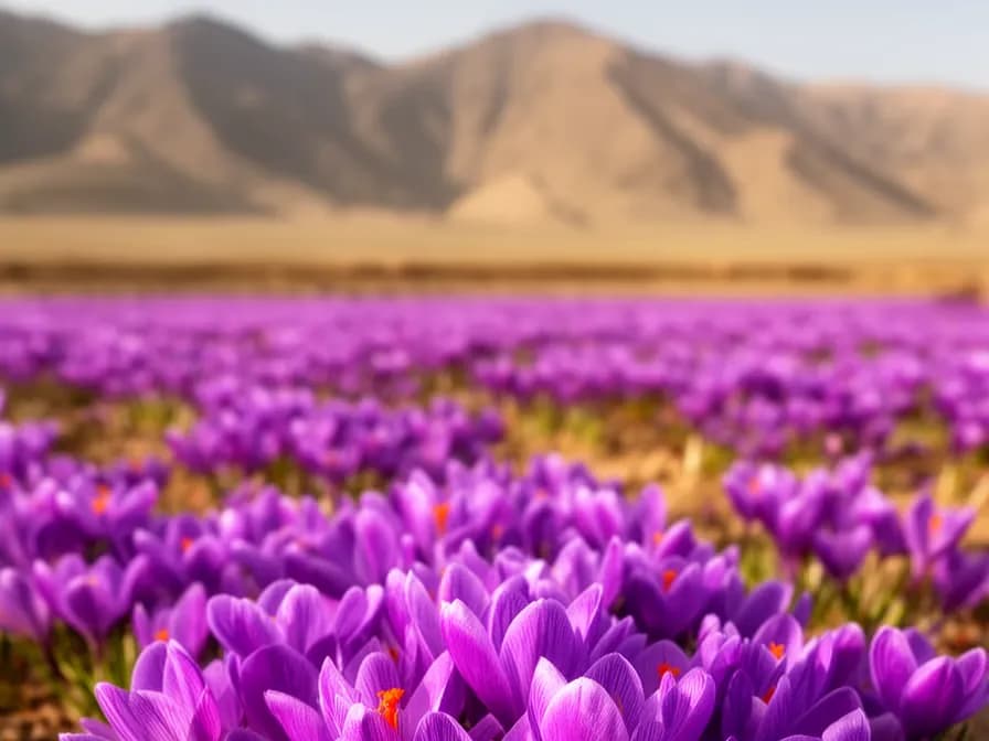 Safranfeld mit violetten Krokusblüten vor einer Bergkette