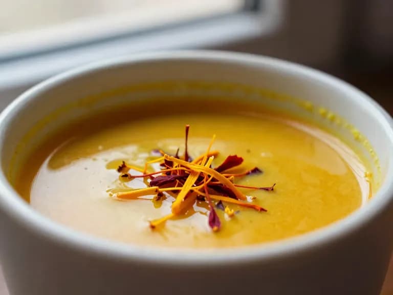 Goldene Safranmilch in einer Schale neben Safranfäden